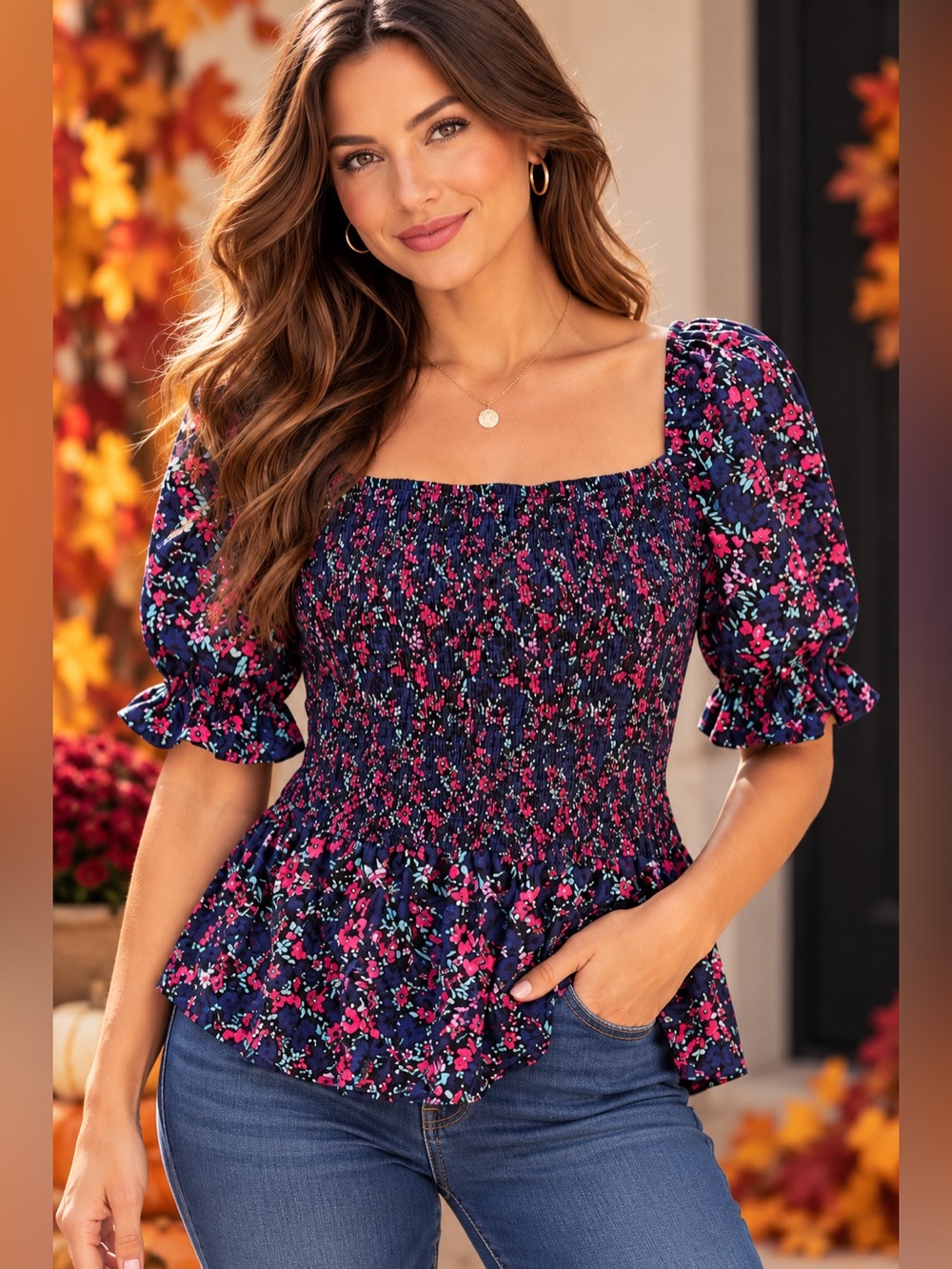 HEYTALALA XL Navy Pink Floral Smocked Puff Sleeve Peplum Top